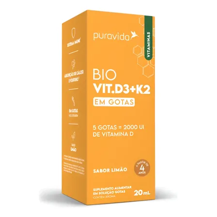 Vitaminas Bio Vit. D3 + K2 Gotas Limão 20ml Puravida