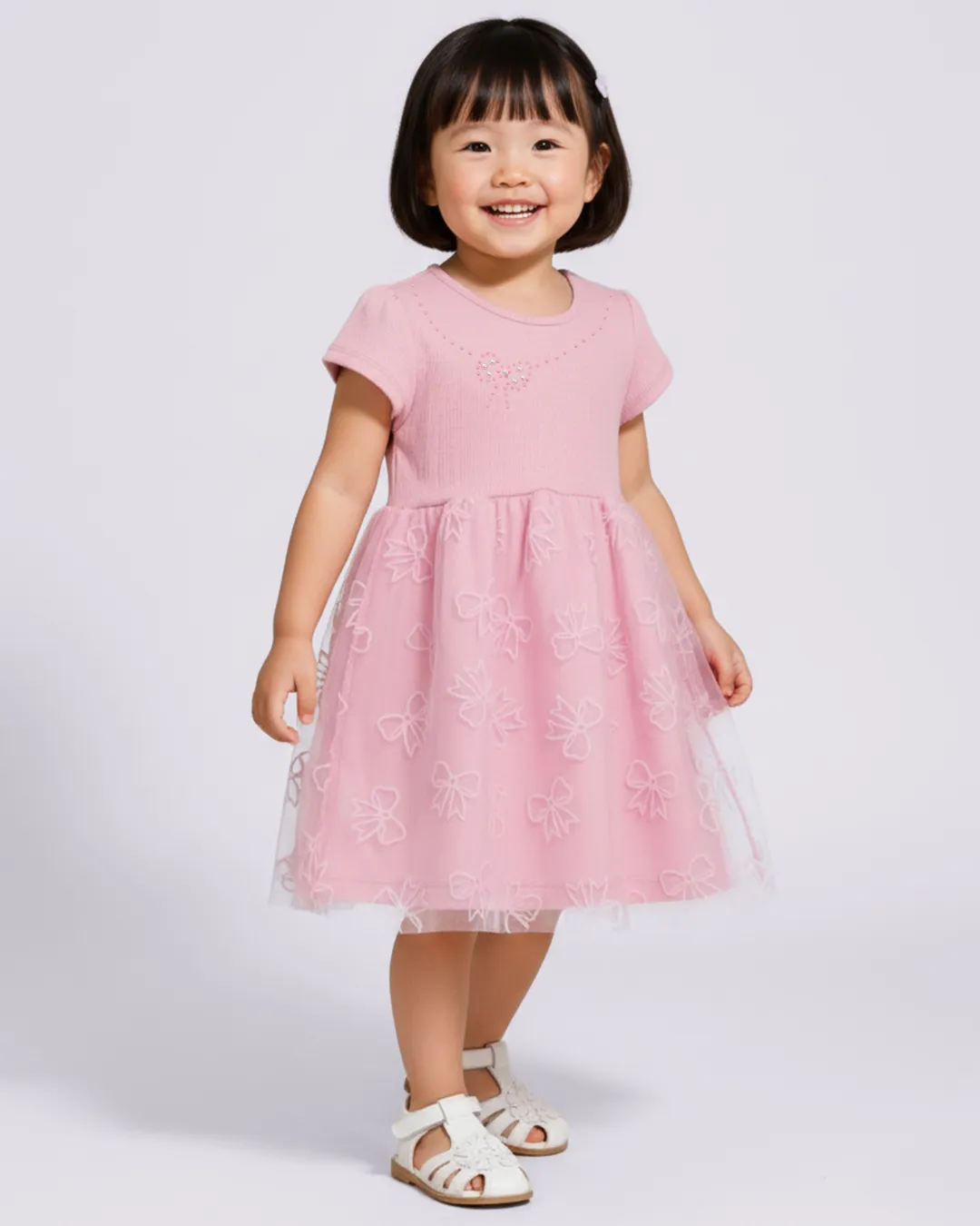 Vestido Bebê Curto Canelado com Tule Laços Rosa