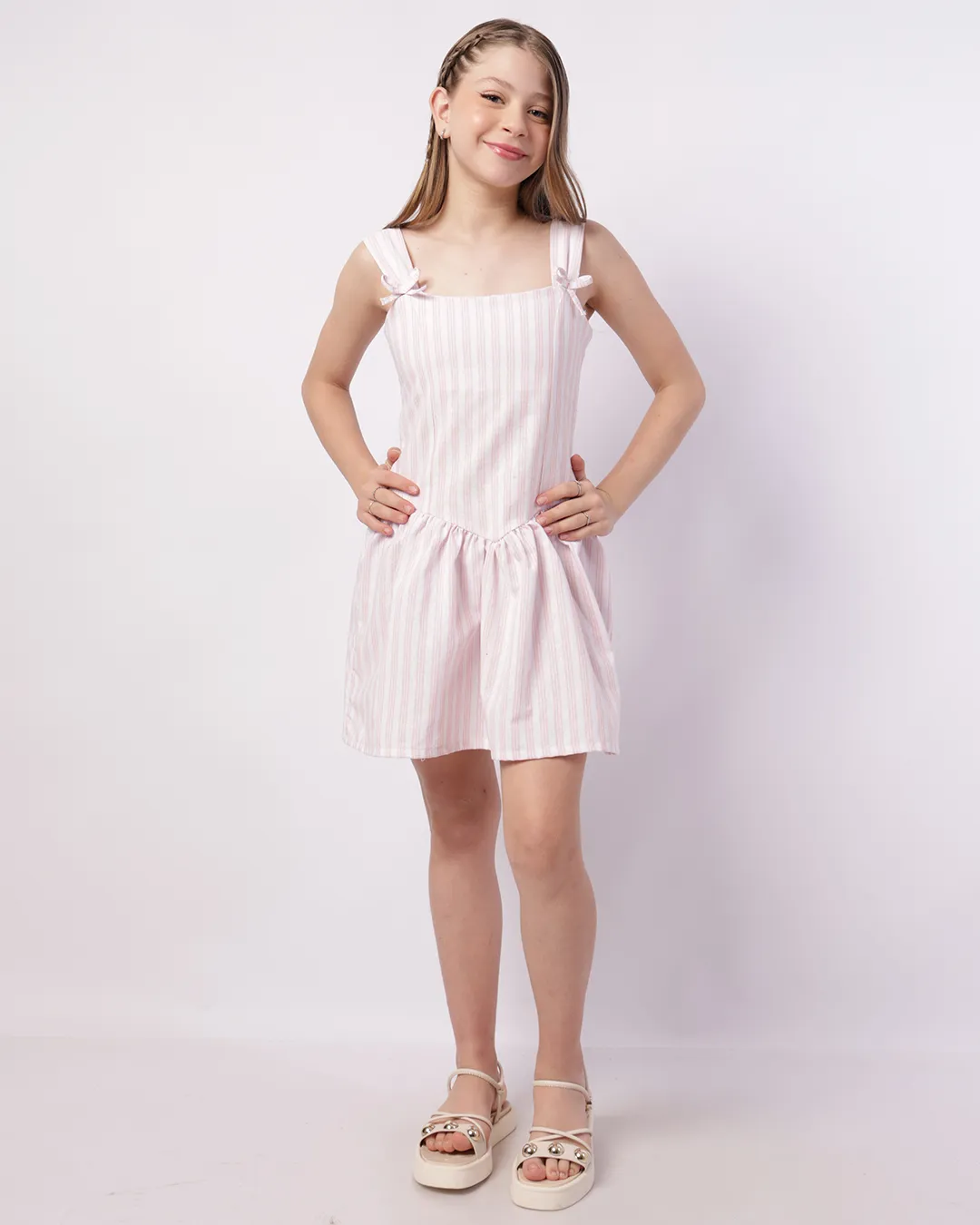 Vestido Juvenil Curto Listrado com Laço Rosa