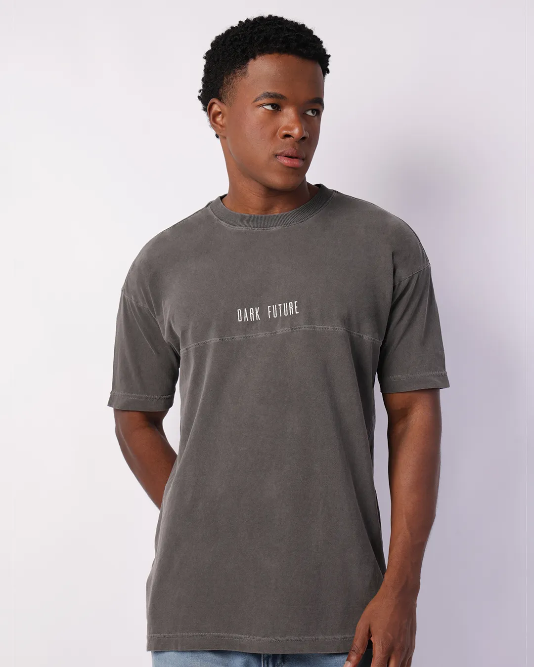 Camiseta Masculina Algodão Oversized Bordado Manga Curta Cinza