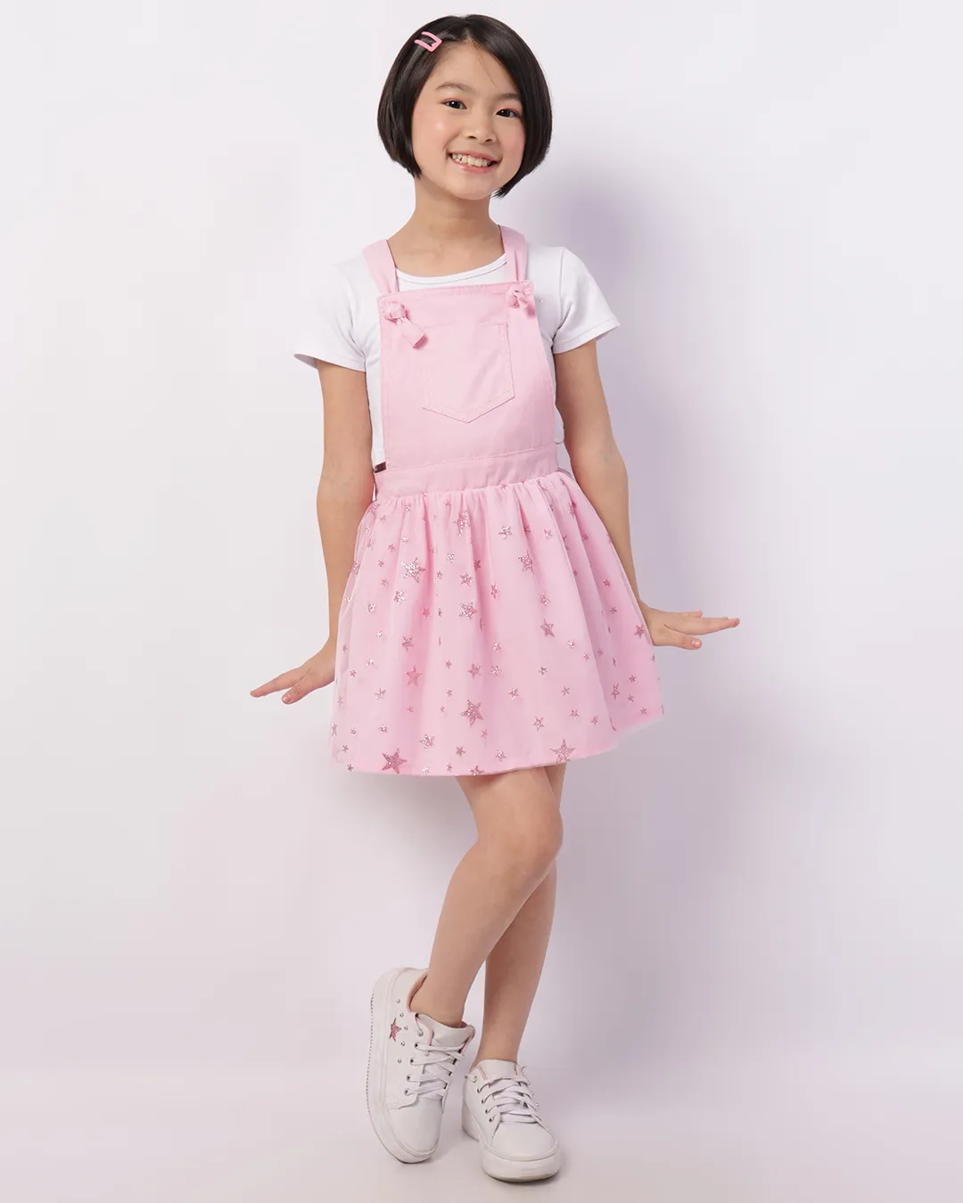 Salopete Sarja Infantil Sobreposição Tule com Glitter Rosa