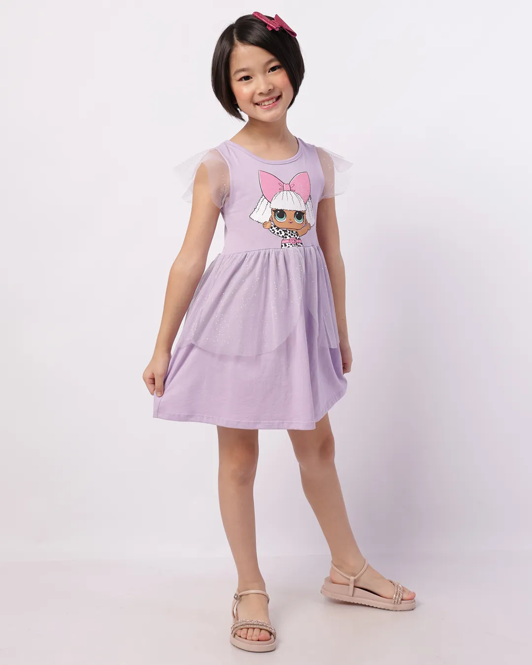 Vestido Infantil Curto Lol Surprise com Tule + Brinde Lilás