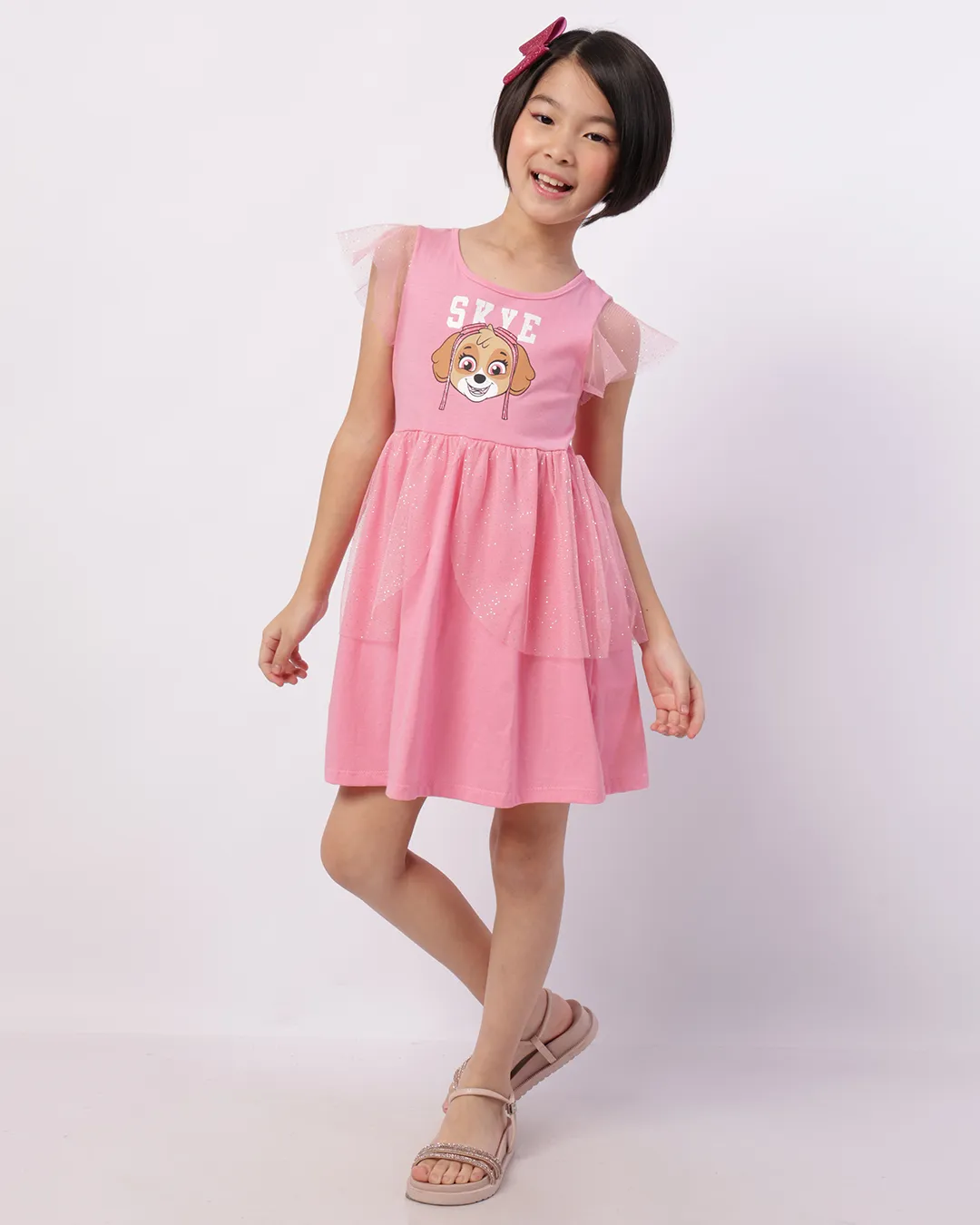 Vestido Infantil Curto Patrulha Canina Skye com Tule + Brinde Laço Rosa