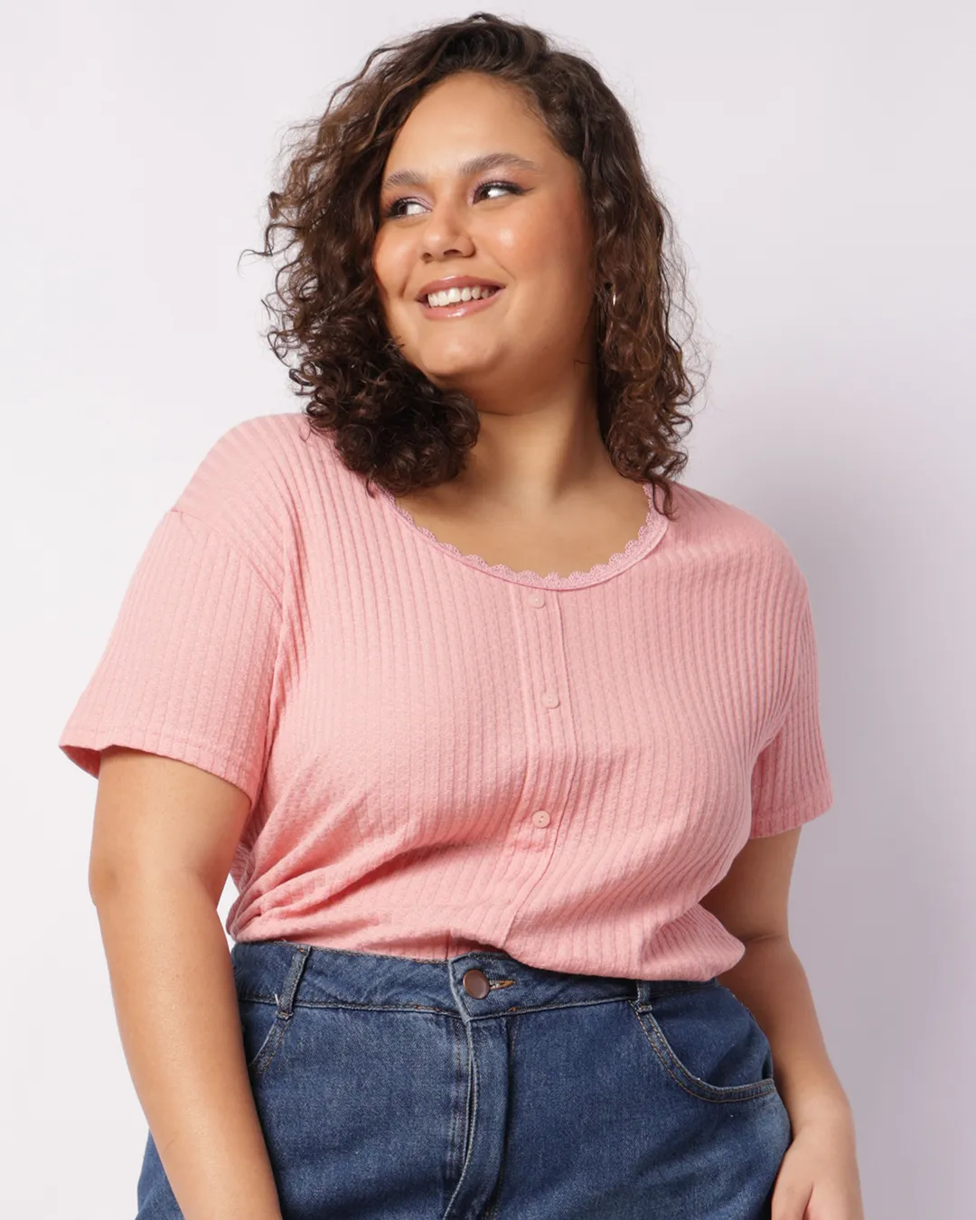 Blusa Plus Size Feminina Algodão com Botões Decorativos Rosa