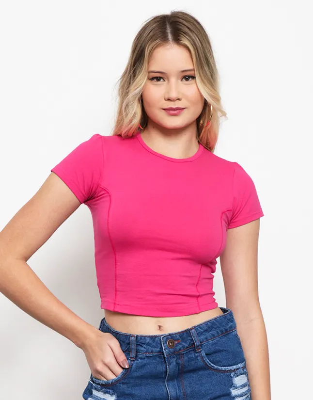 Blusa Feminina Cropped Manga Curta Recortes Rosa