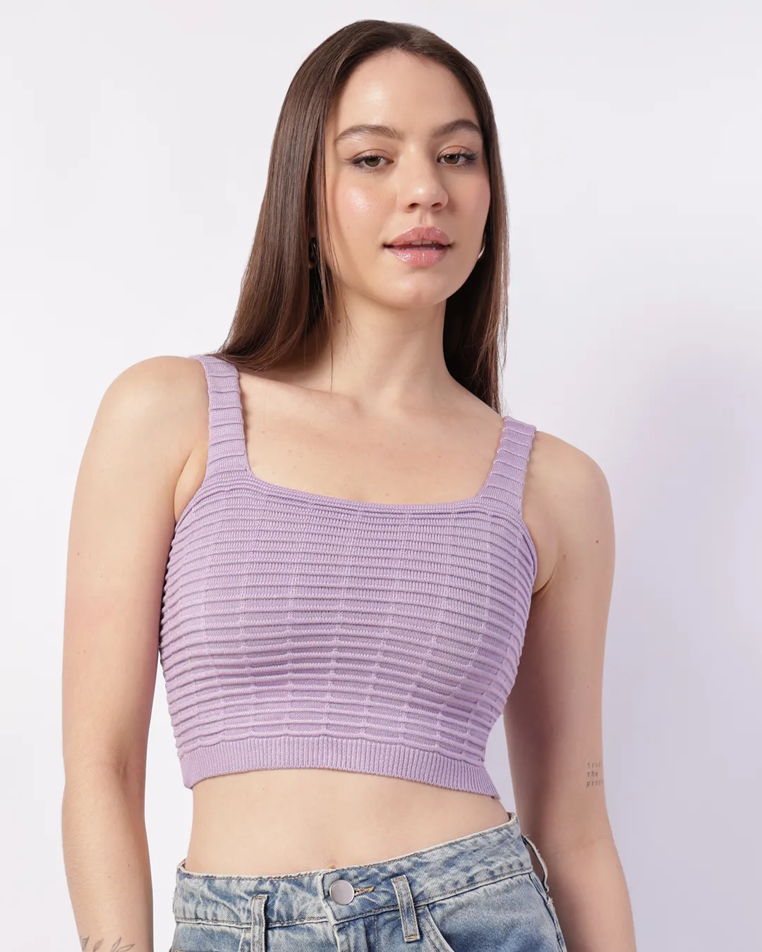 Regata Feminina Cropped Tricô Texturizada Lilás
