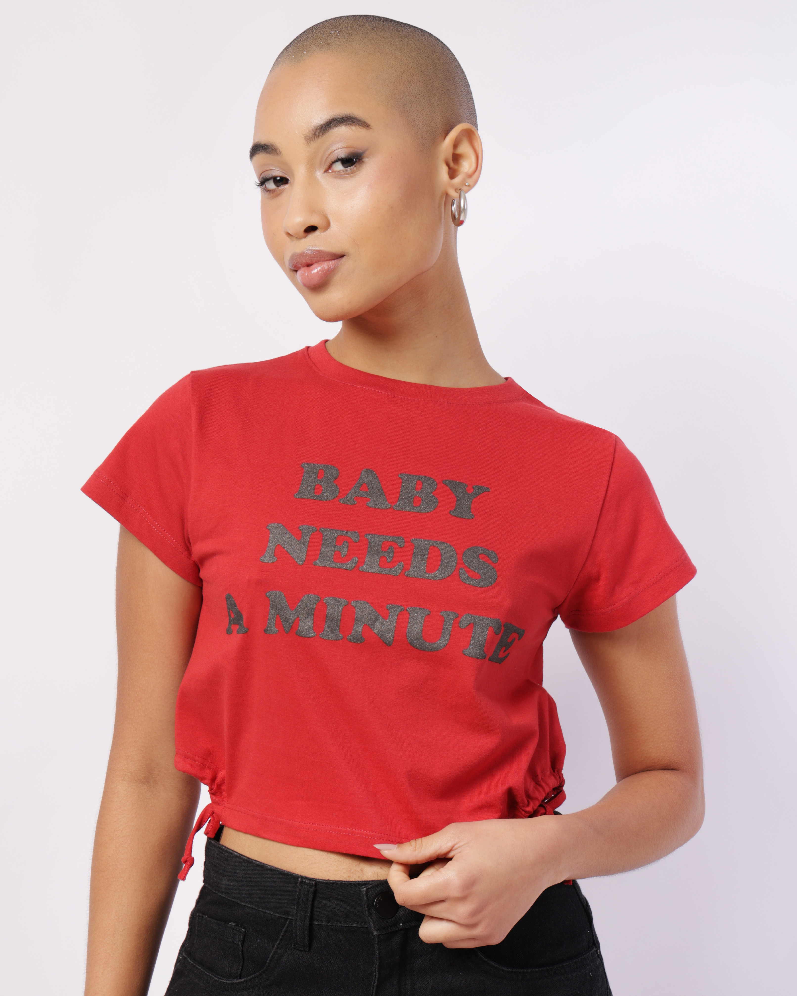 Camiseta Feminina Algodão Cropped com Amarração Vermelha