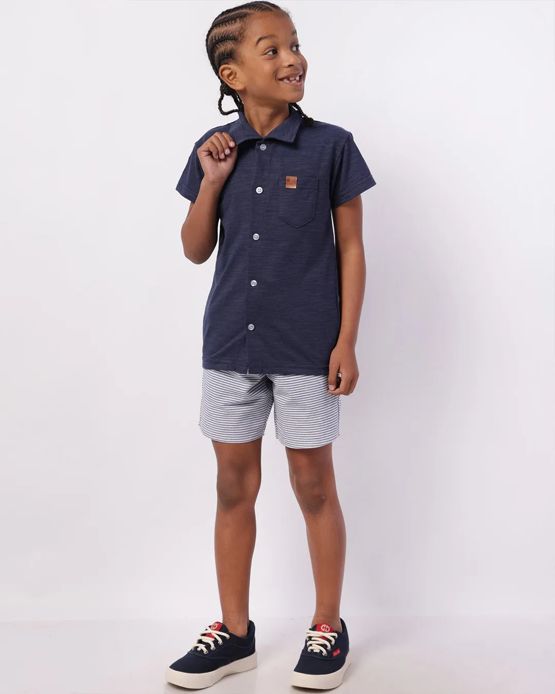 Bermuda Infantil Reta com Bolsos Listrada Azul