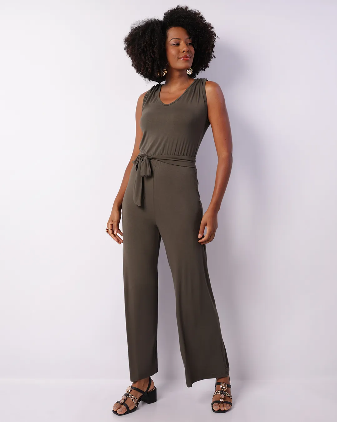 Macacão Feminino Regata Viscose Com Amarração Franzido Verde