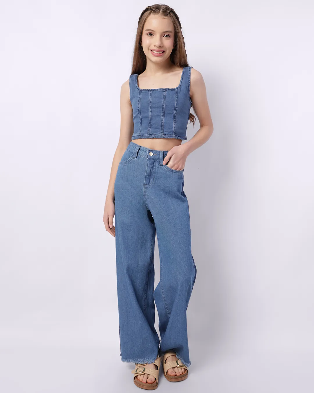 Calça Jeans Juvenil Wide Leg com Estampa Coração Azul