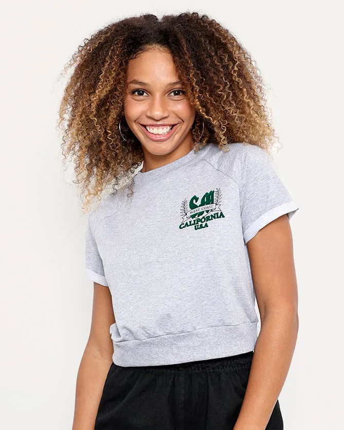 Blusa Feminina Cropped California Manga Curta Mescla Cinza