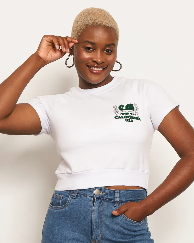 Blusa Feminina Cropped California Manga Curta Branca