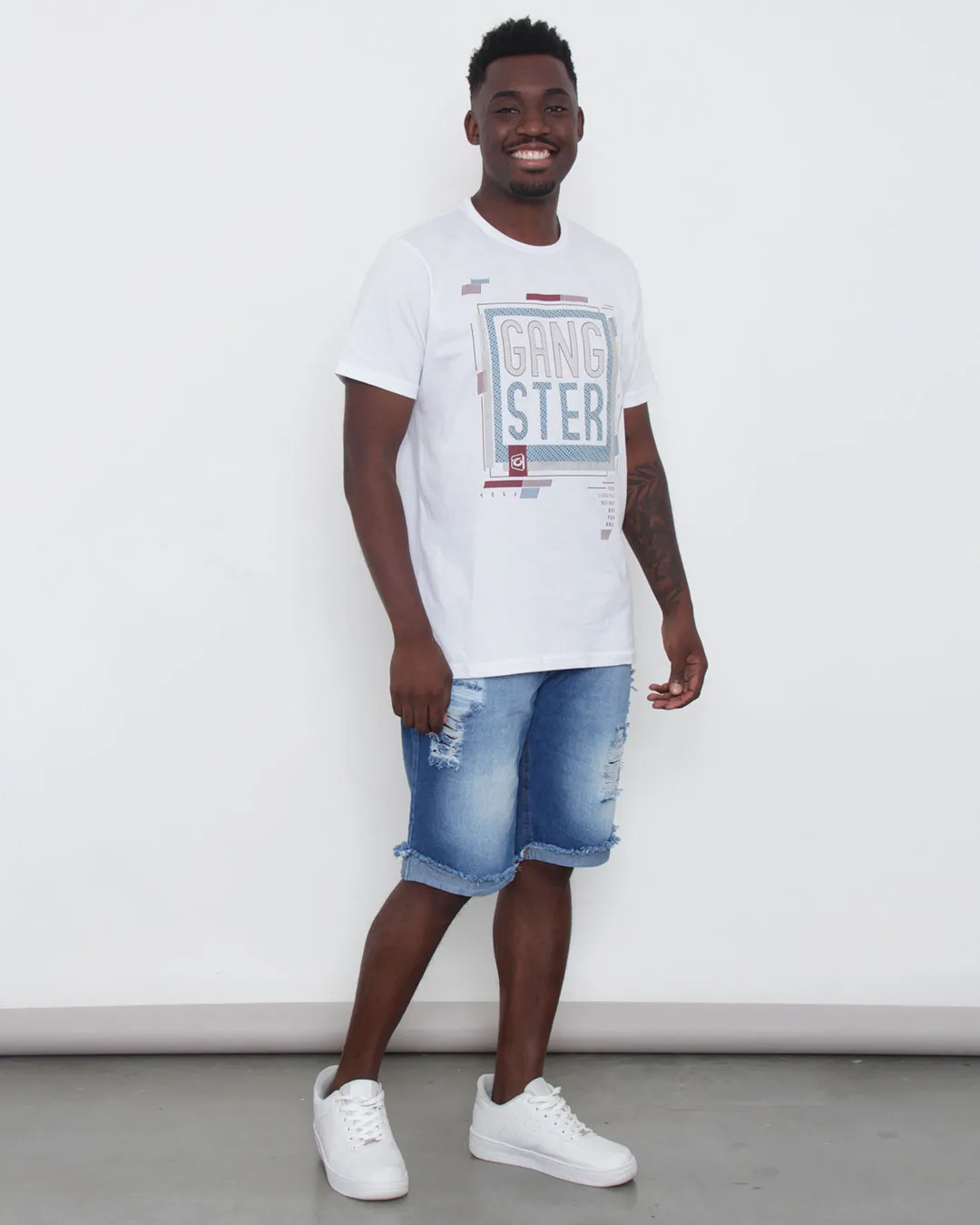 Bermuda Jeans Masculina Reta Destroyed Barra Dobrada Azul