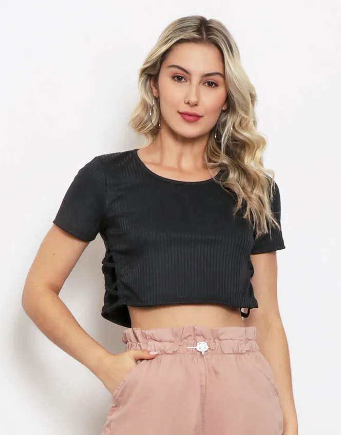Blusa Feminina Manga Curta Cropped Canelada Preta