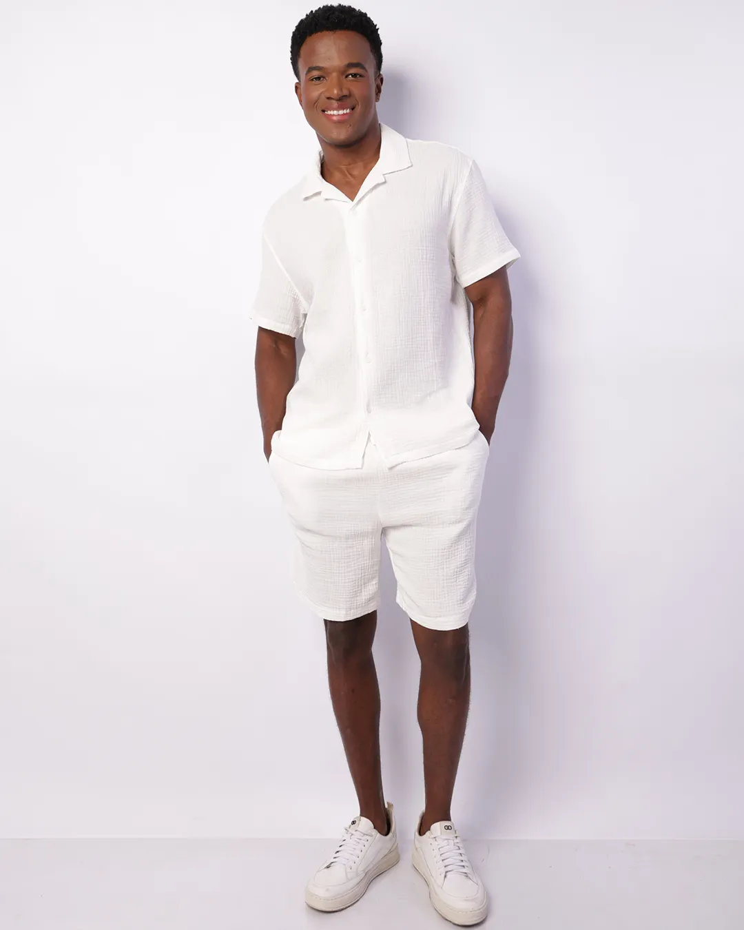 Bermuda Masculina Curto Algodão Texturizado Off White