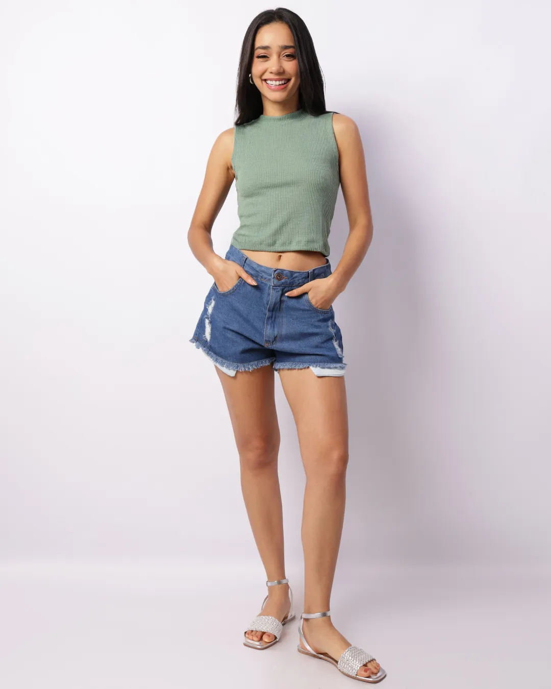Short Jeans Feminino Curto Destroyed Barra Desfiada Azul
