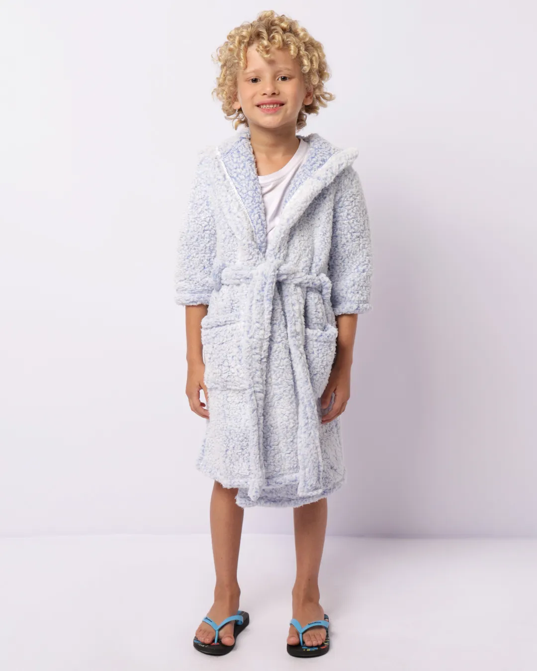 Roupão Infantil Longo Sherpa Faixa De Amarração Com Bolsos Azul