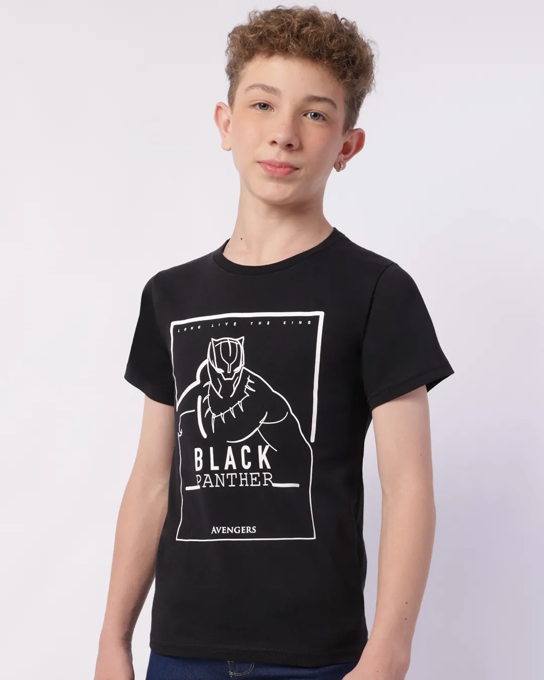 Camiseta Juvenil Algodão Marvel Pantera Negra Manga Curta Preta