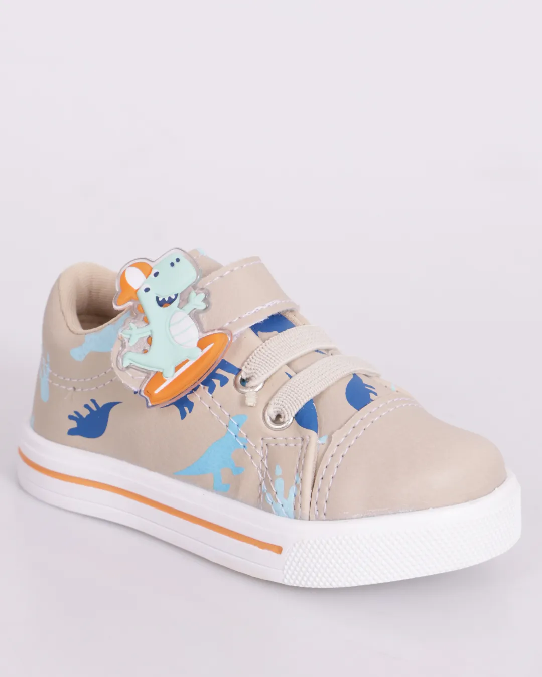 Tênis Bebê com Tiras Fixadoras Aplicação Dino Skate Bege