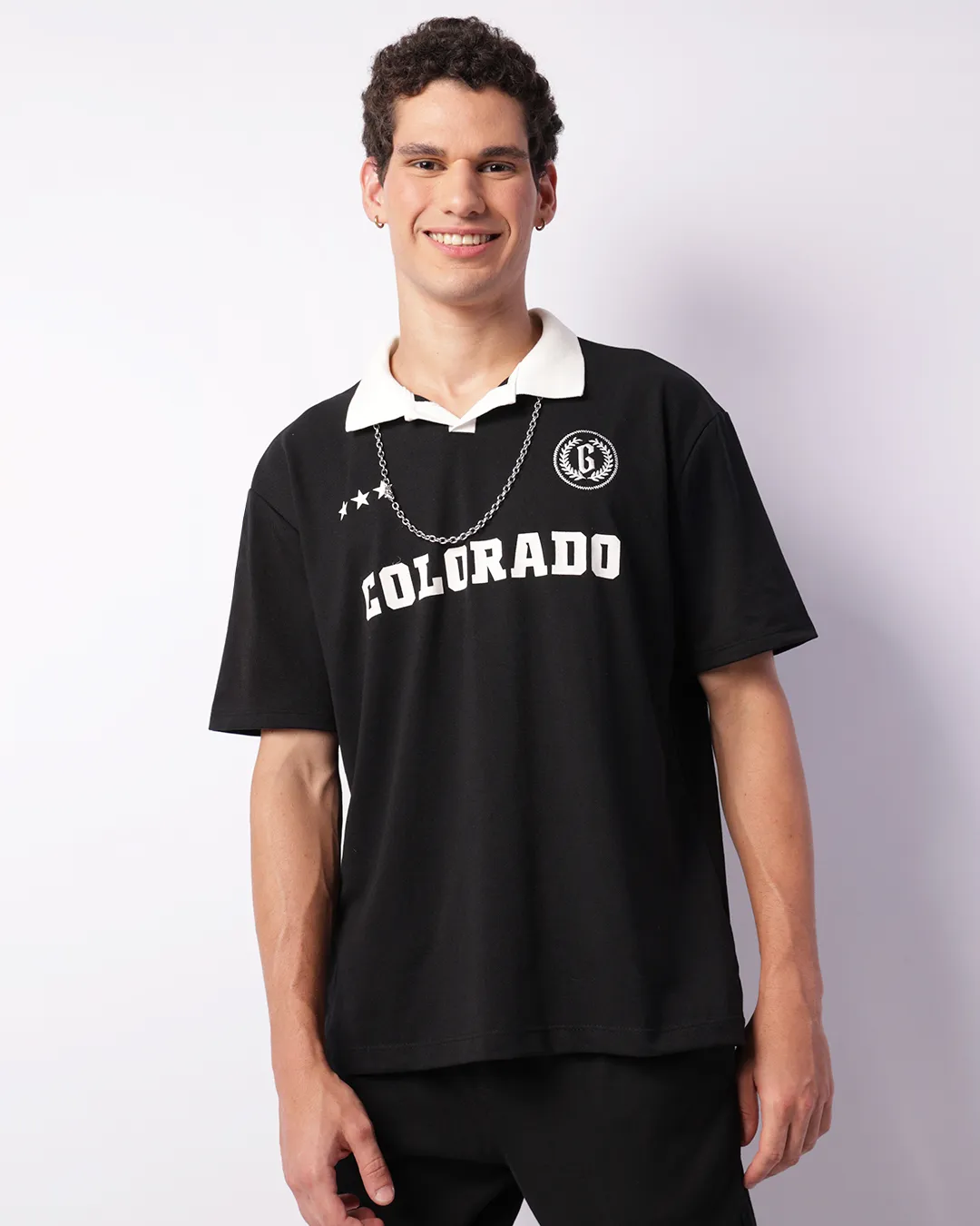 Camisa Polo Masculina Manga Curta Estampada Com Bordado Preta