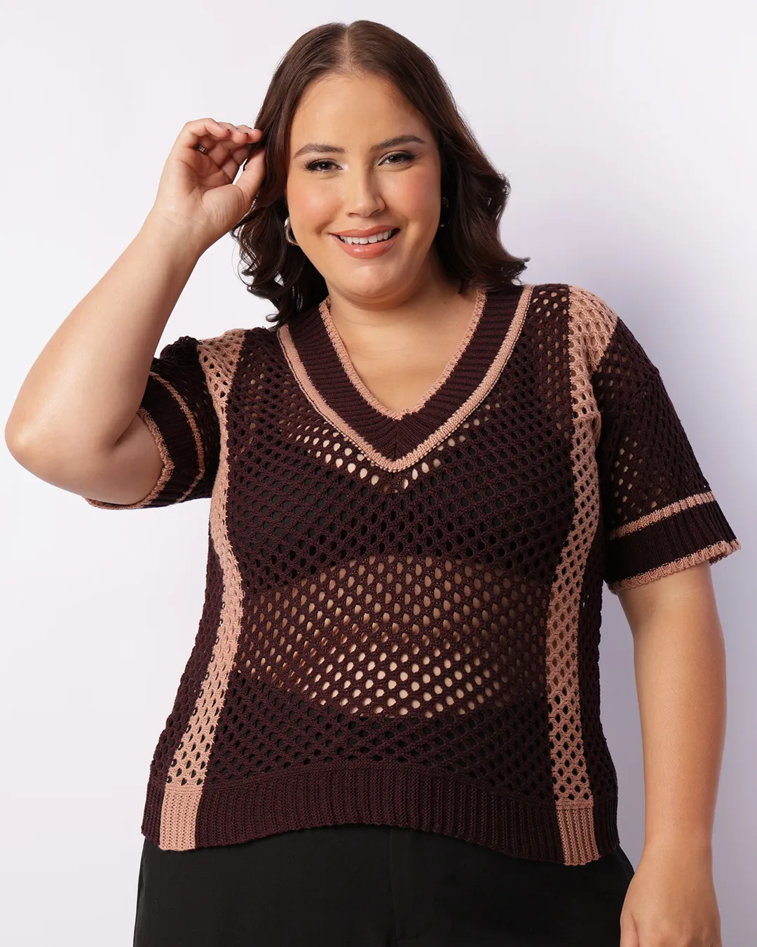 Blusa Plus Size Feminina Tricô Decote V Manga Curta Roxa