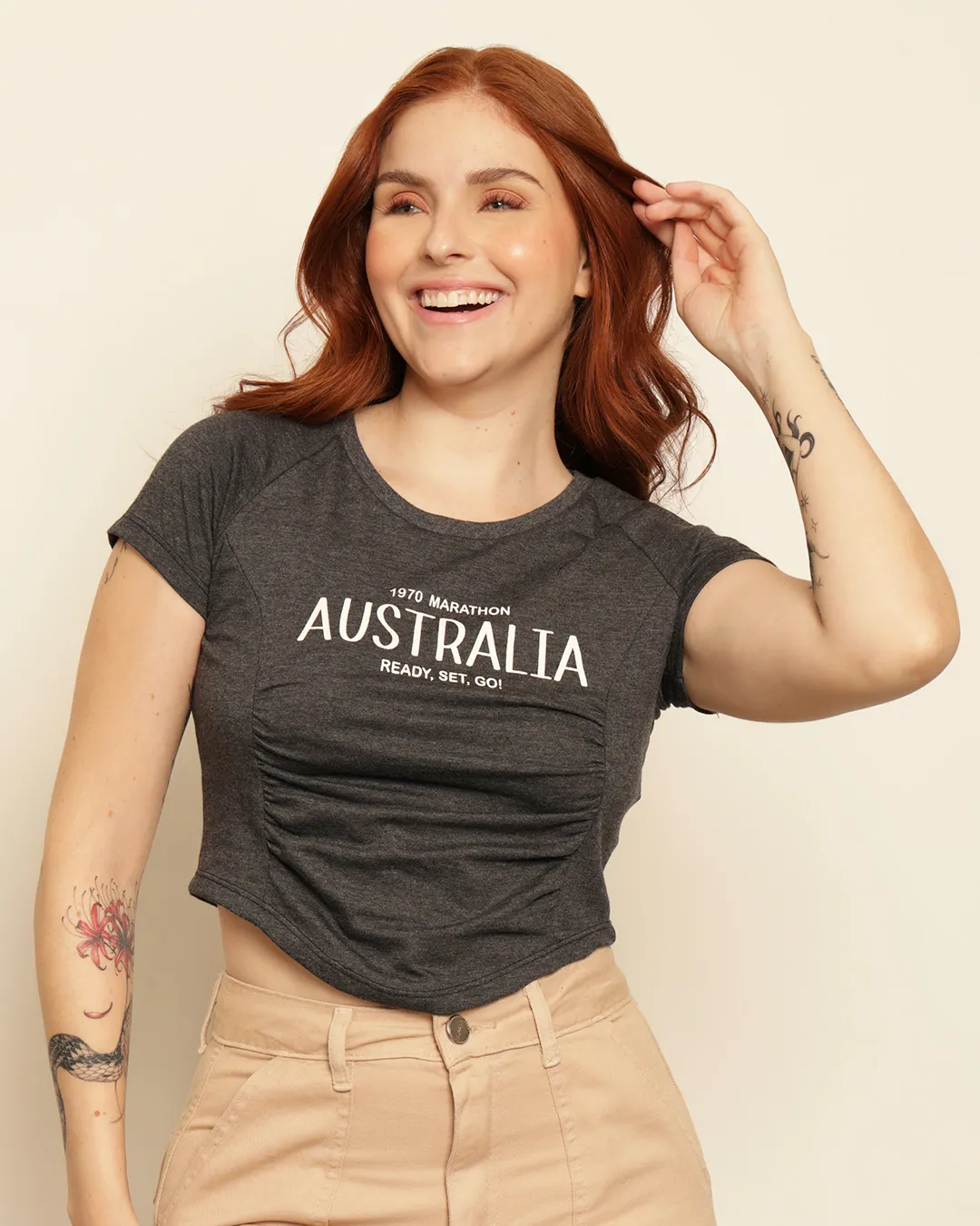 Blusa Feminina Cropped Franzido Frontal Cinza