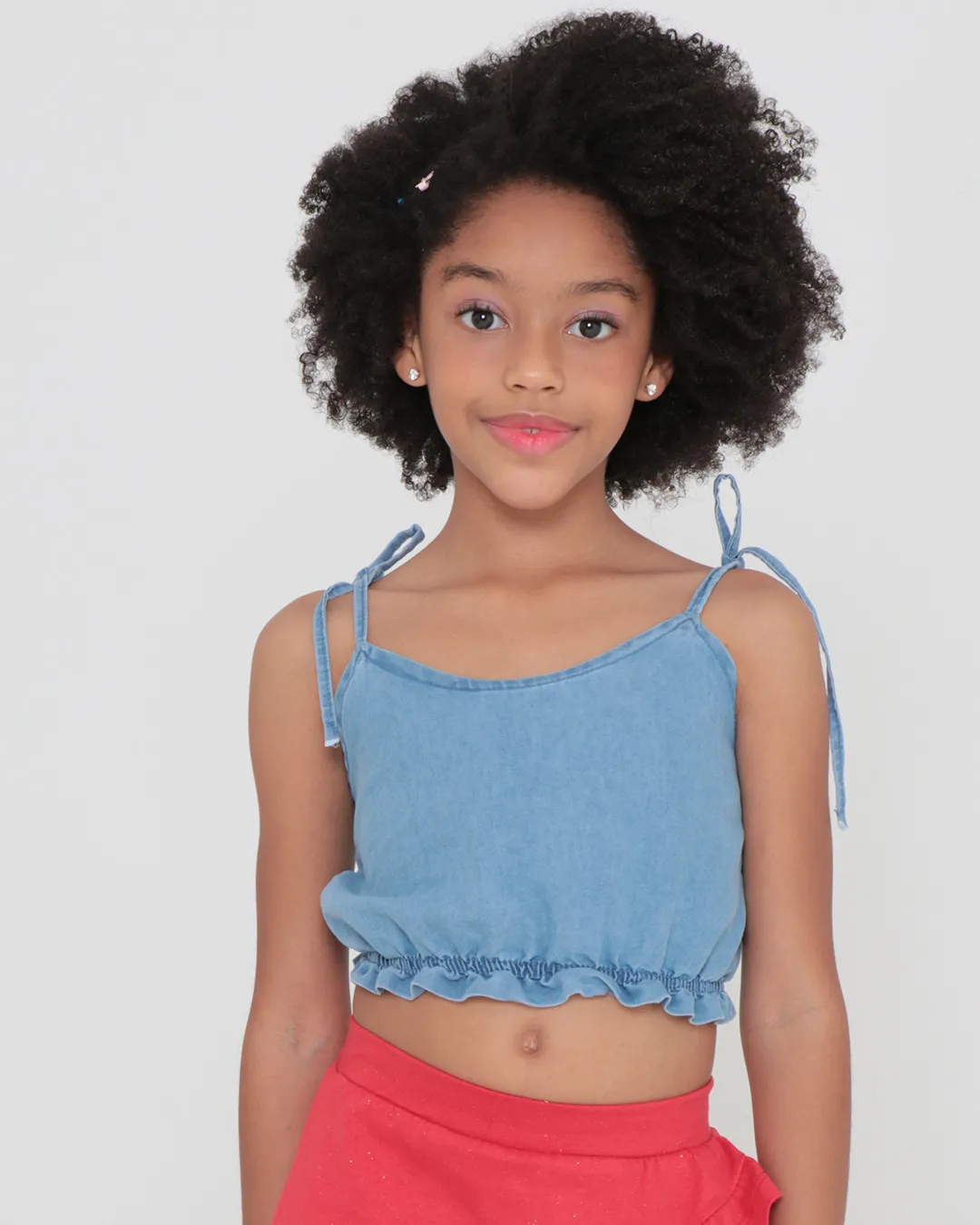 Blusa Jeans Infantil Cropped Alcinha Amarração Azul