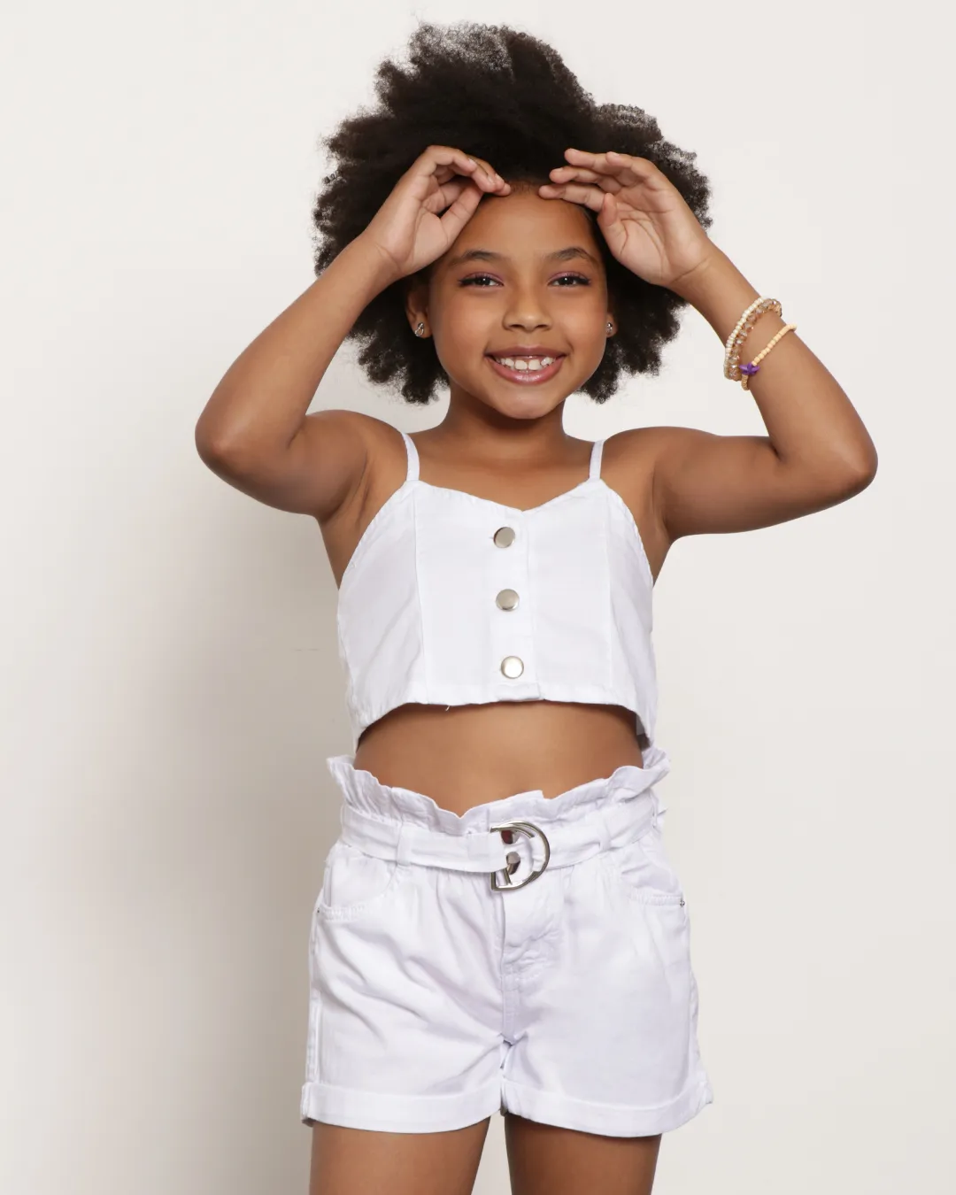 Regata Cropped Infantil Sarja Com Botões Branca
