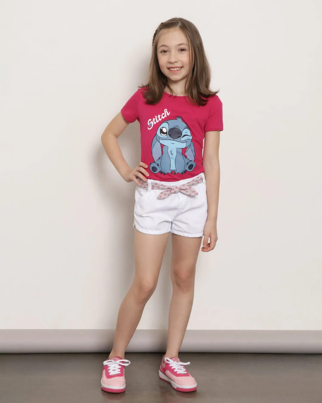 Short Infantil Sarja Com Faixa Poá Branco