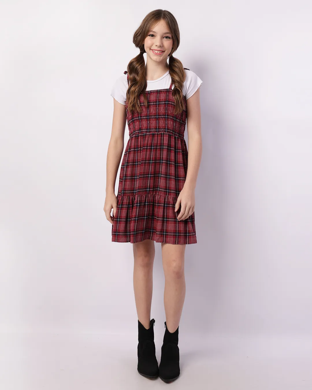 Vestido Juvenil Curto Viscose Xadrez Vermelho