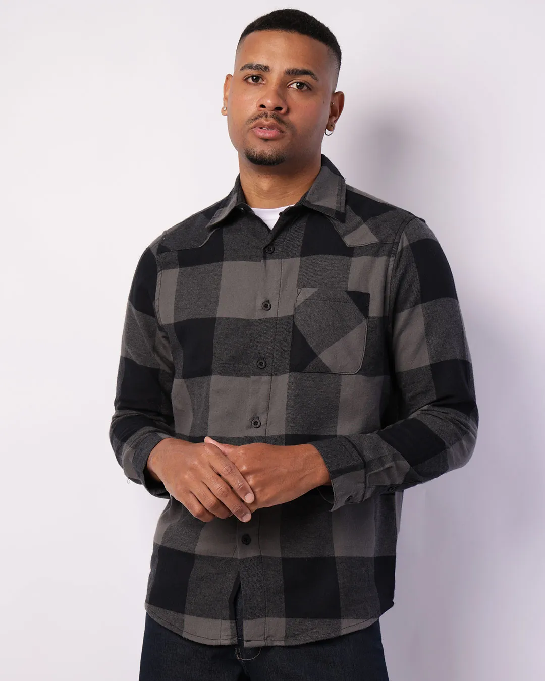 Camisa Masculina Manga Longa Xadrez Cinza