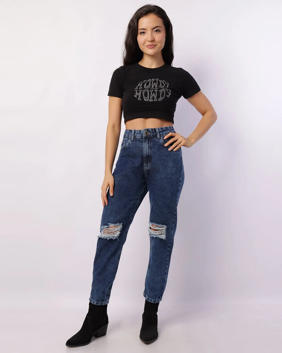 Calça Jeans Feminina Mom Destroyed Azul