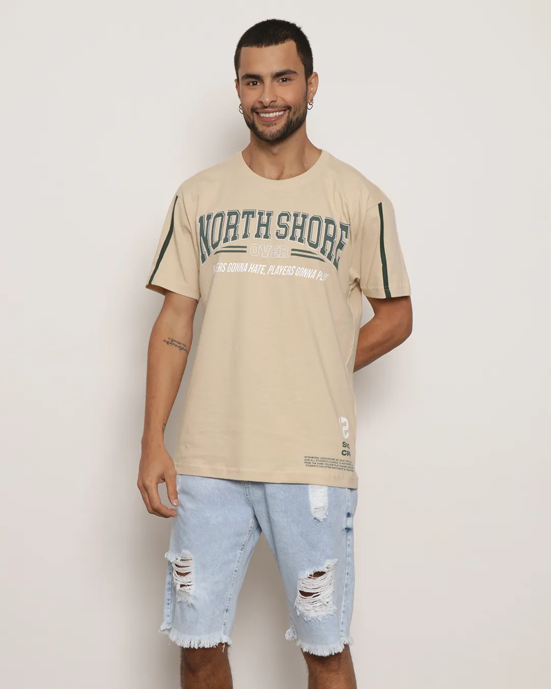 Camiseta Masculina Manga Curta Estampa North Shore Bege