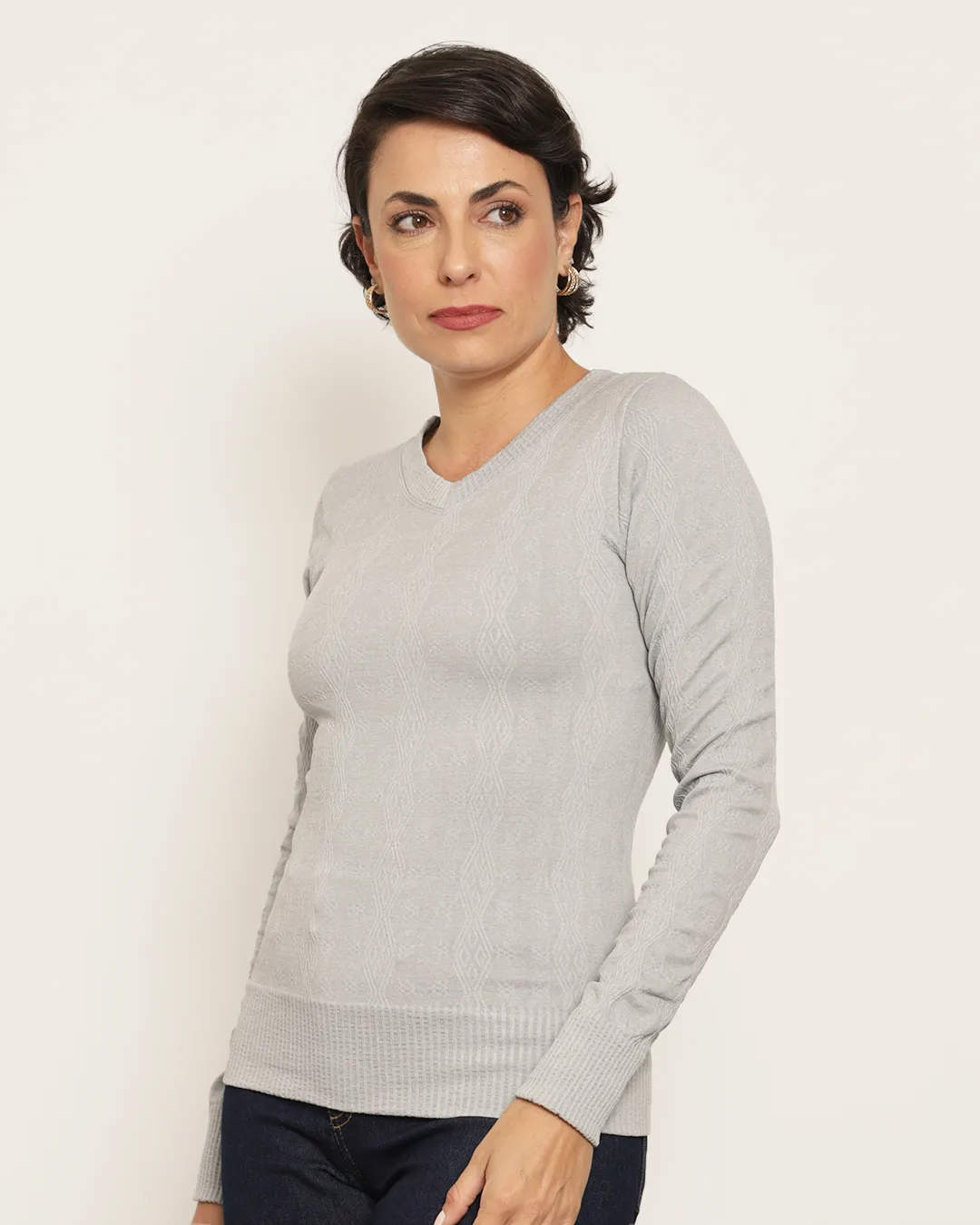 Blusa Feminina Manga Longa Texturizada Cinza
