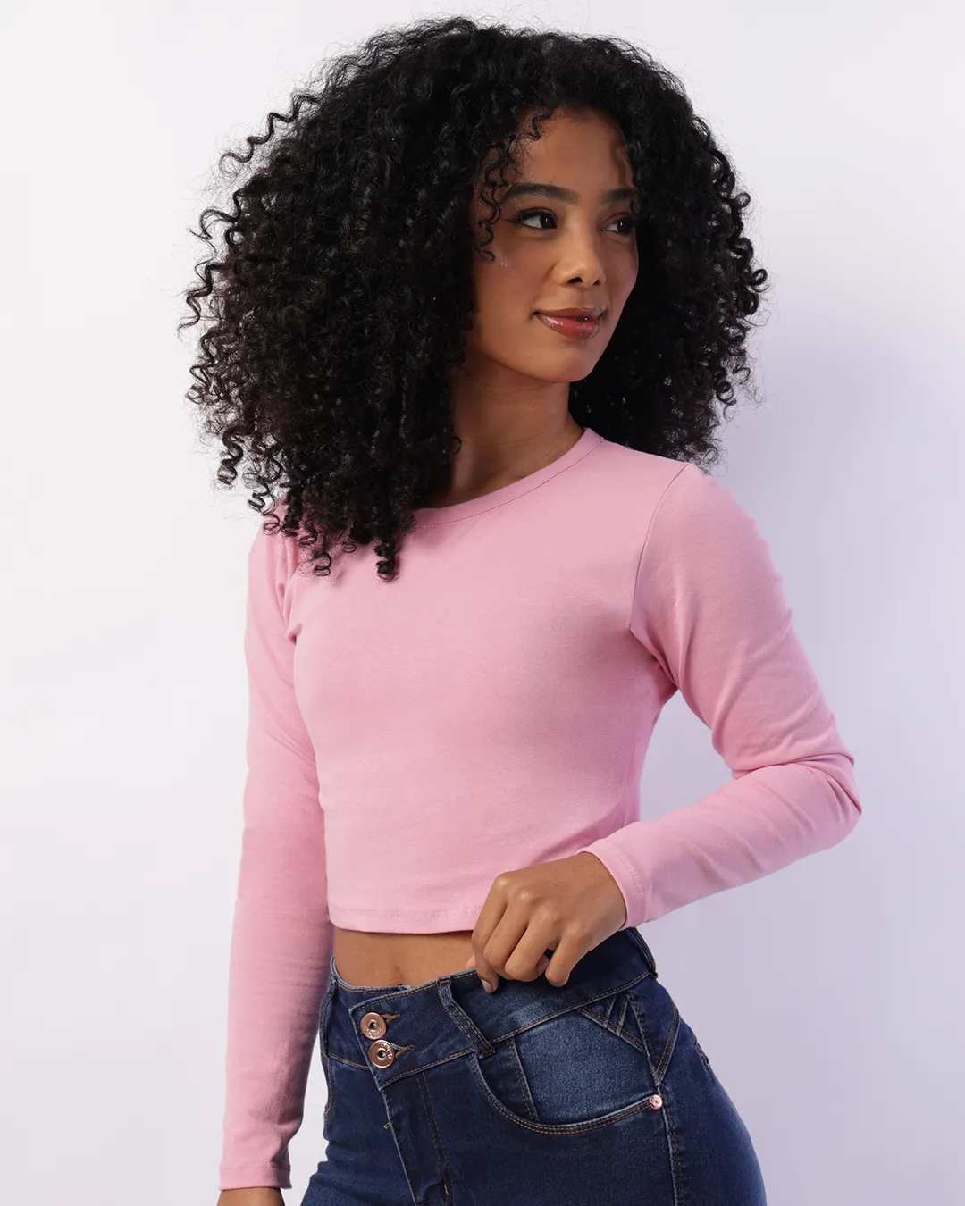 Blusa Feminina Cropped Manga Longa Básica Rosa