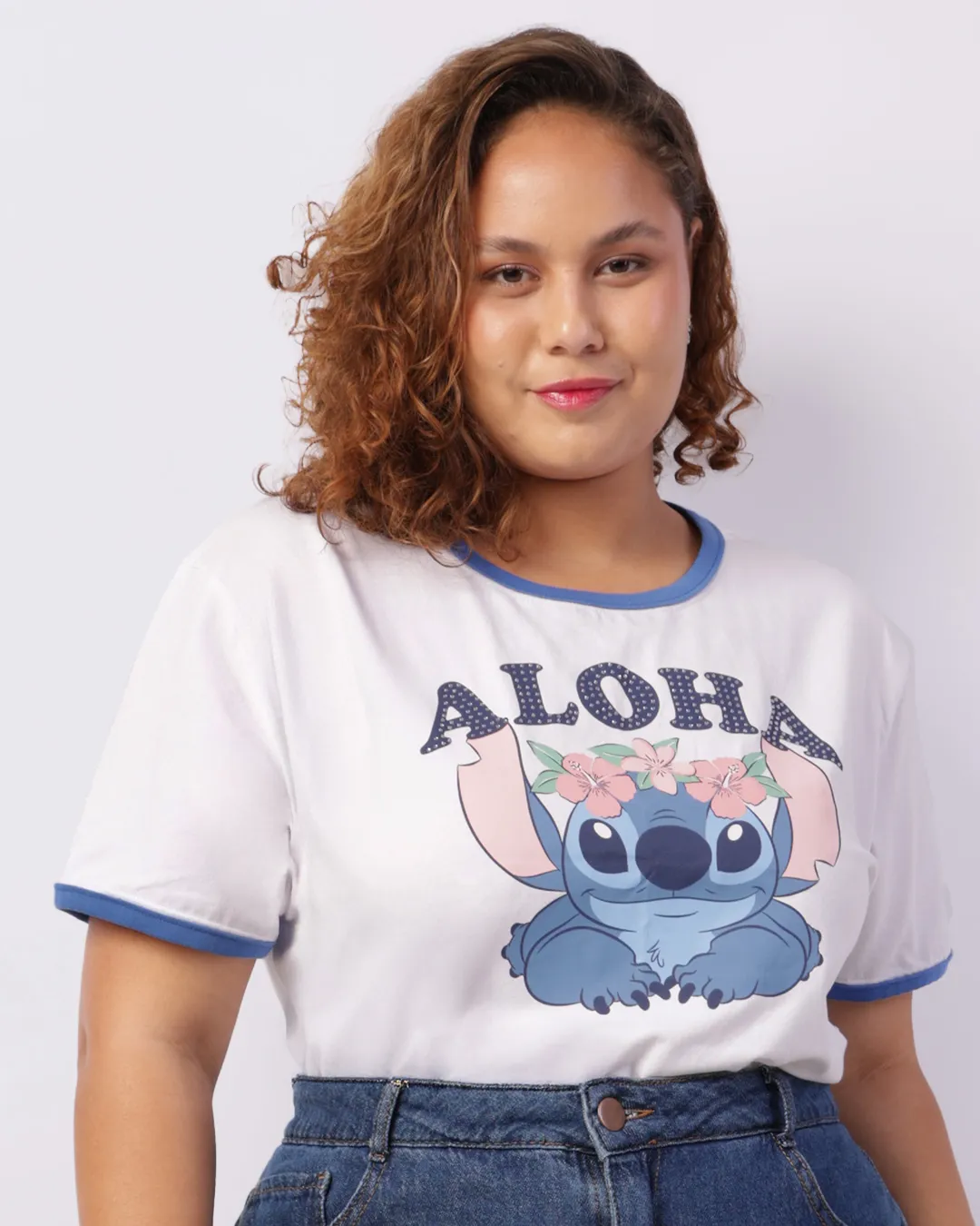 Camiseta Plus Size Disney Stitch Cropped Branca