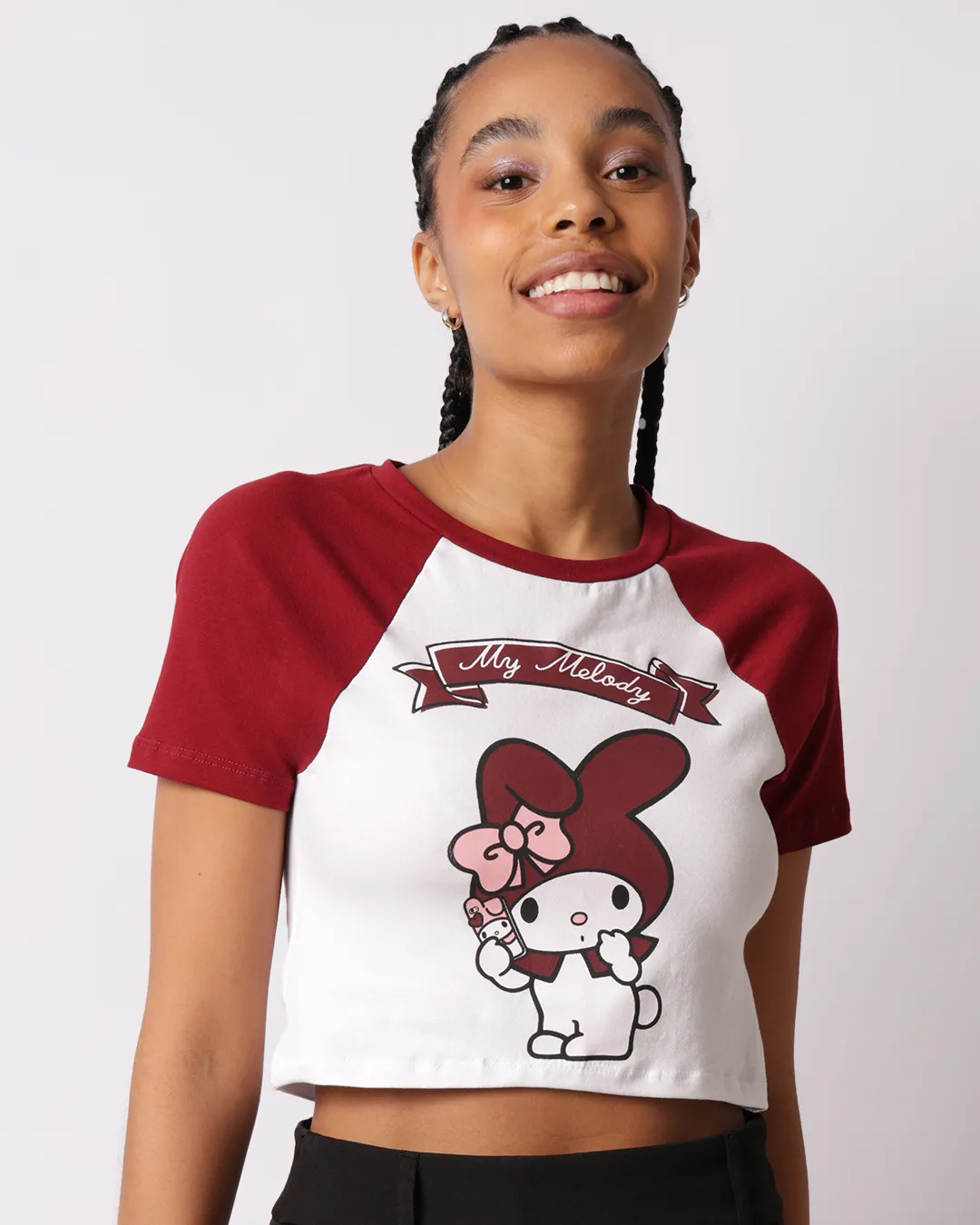 Camiseta Cropped Feminina My Melody Manga Curta Raglan Branca