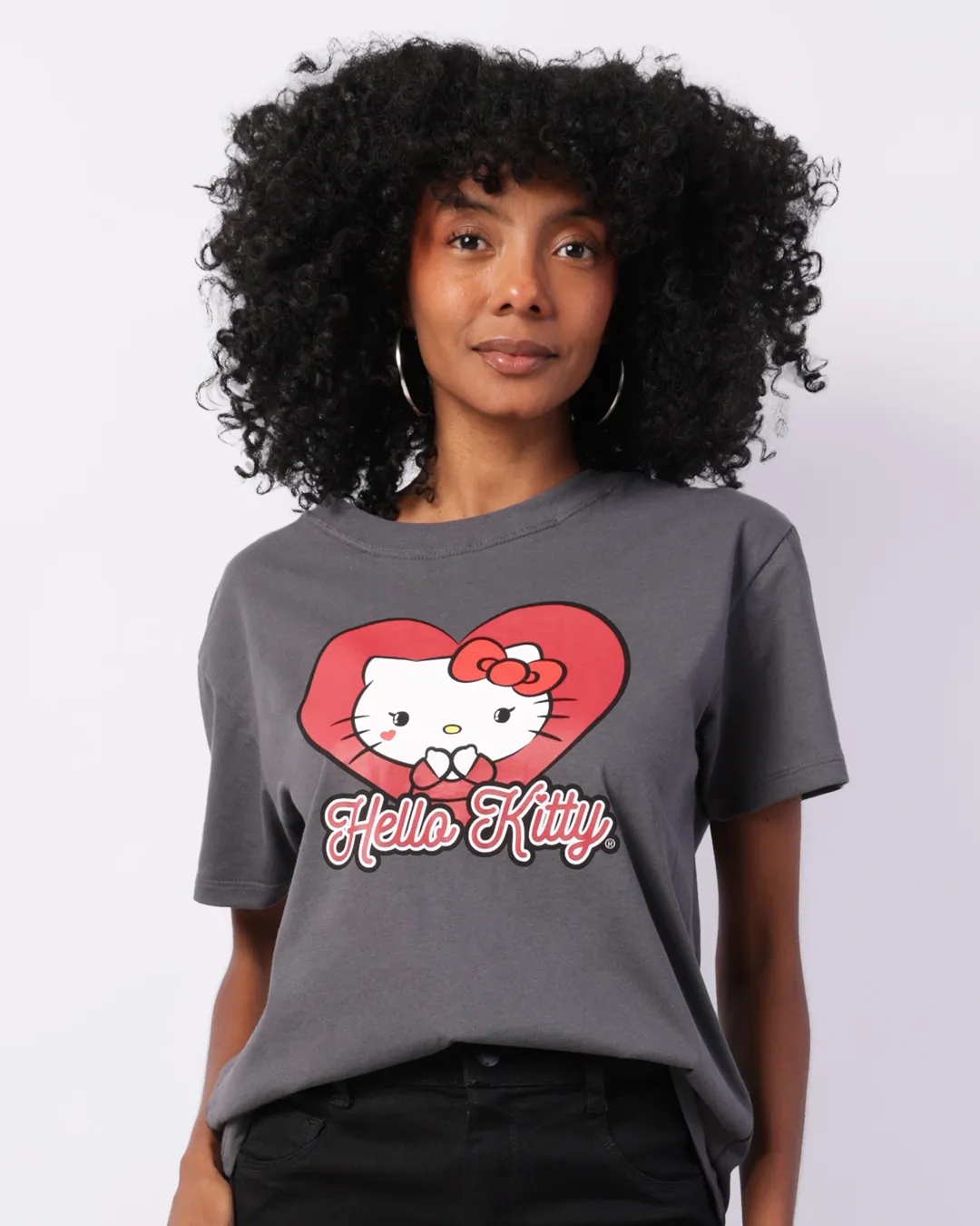 Camiseta Feminina Hello Kitty Manga Curta Cinza