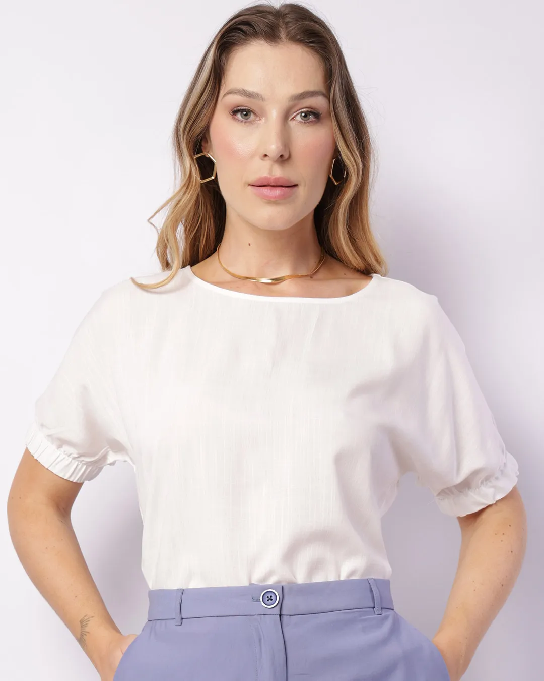 Blusa Feminina Berry & Co. Manga Curta Viscose Branca