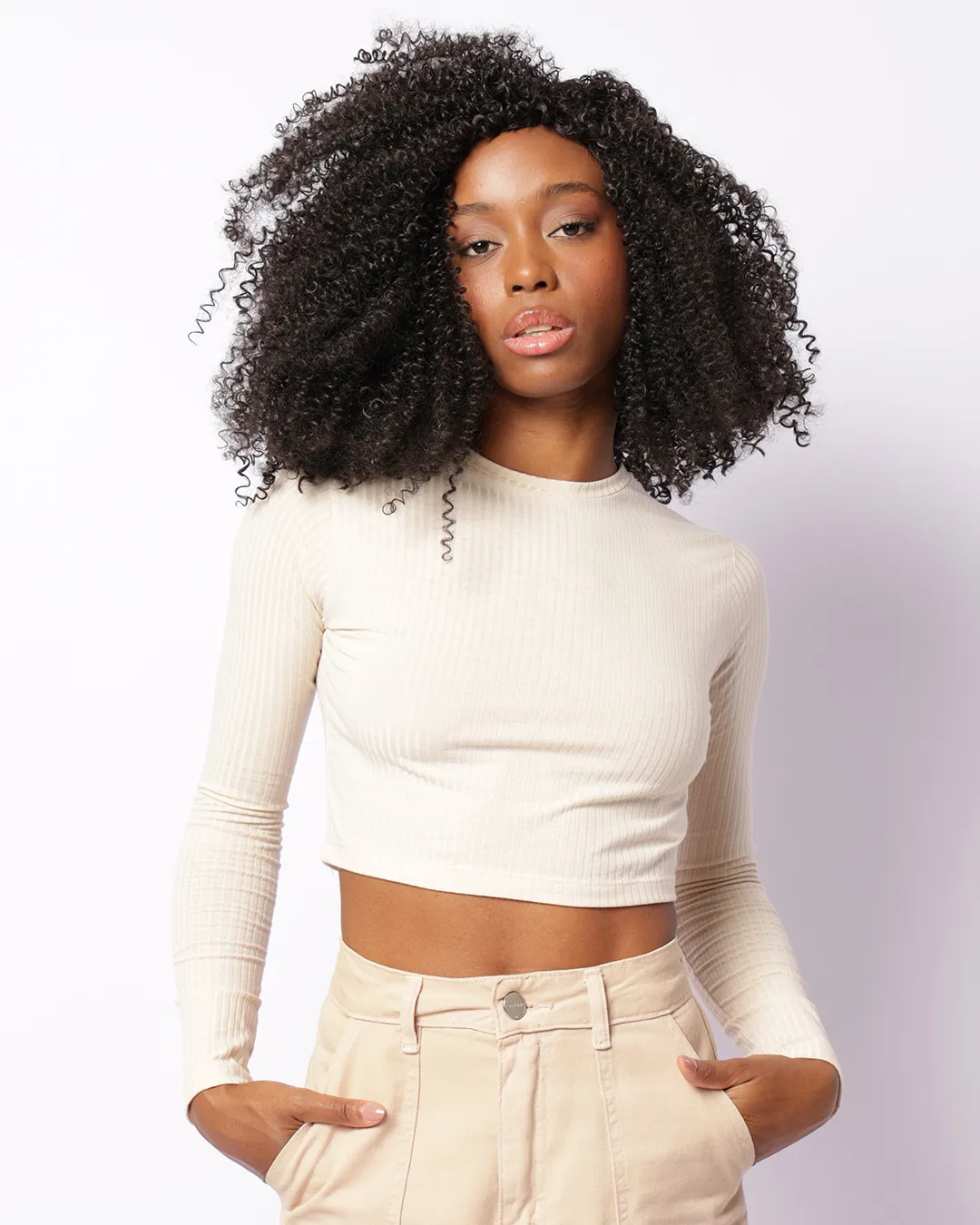Blusa Feminina Cropped Manga Longa Canelada Bege