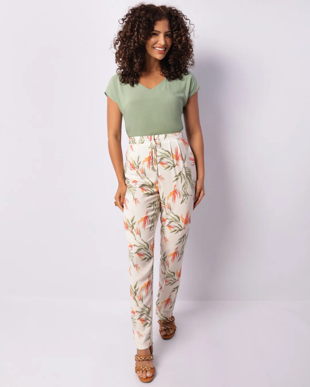Calça Feminina Reta Berry & Co. Viscose Cordão Estampada Bege