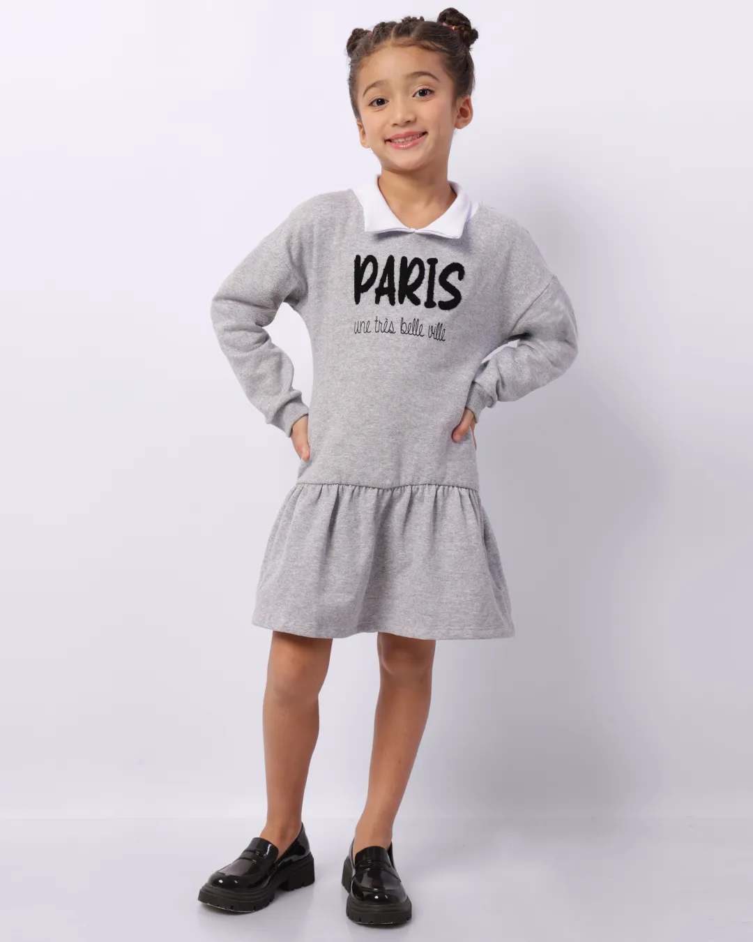 Vestido Infantil Curto Moletinho Bordado Gola Polo Cinza