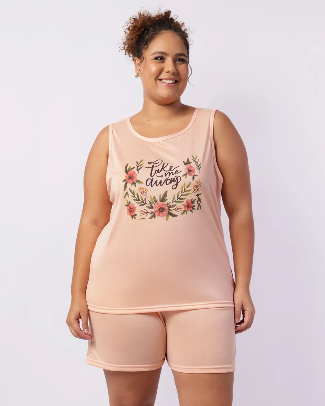 Pijama Plus Size Feminino Curto Estampa Flores Laranja