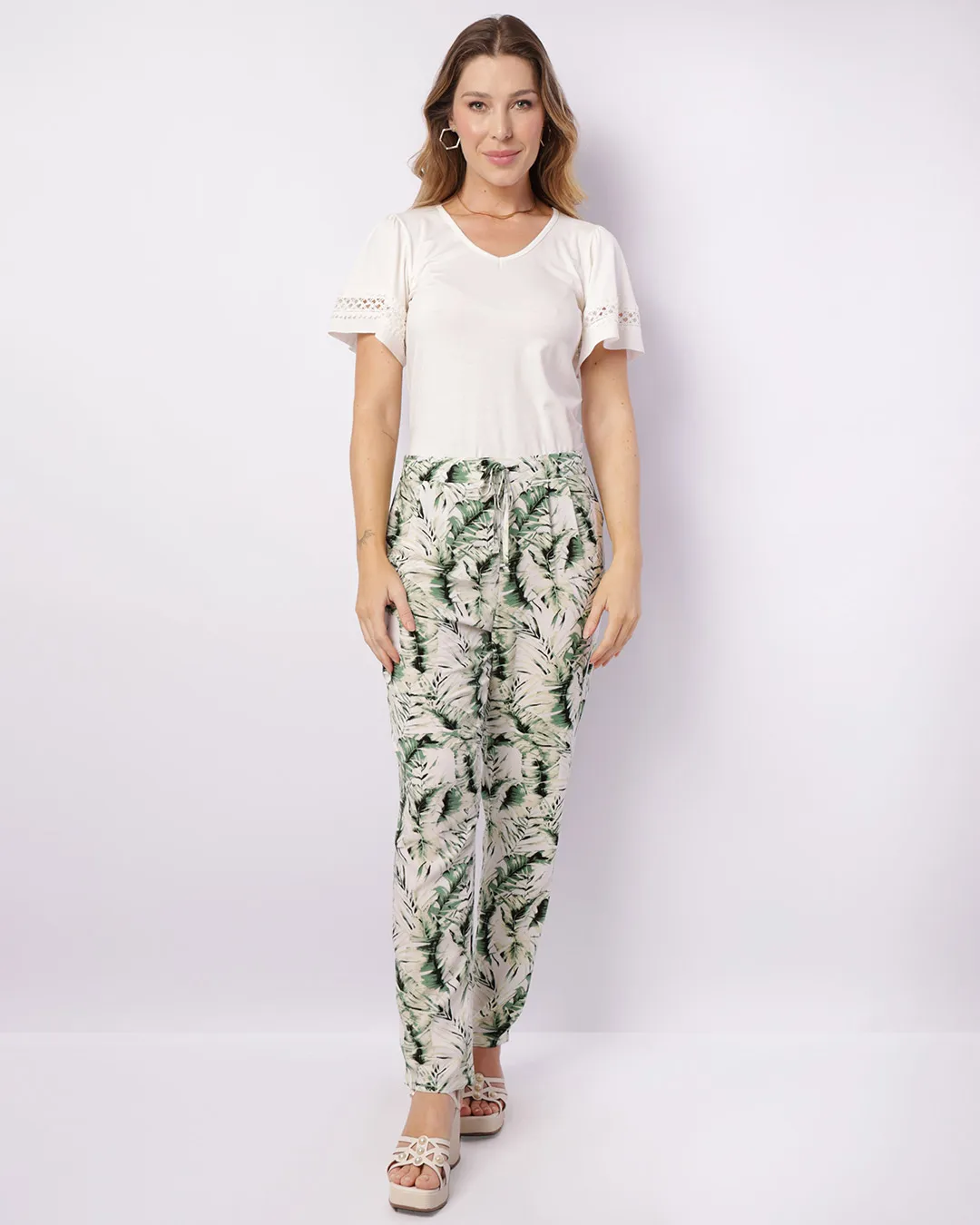 Calça Feminina Viscose Estampada Geométrica Verde