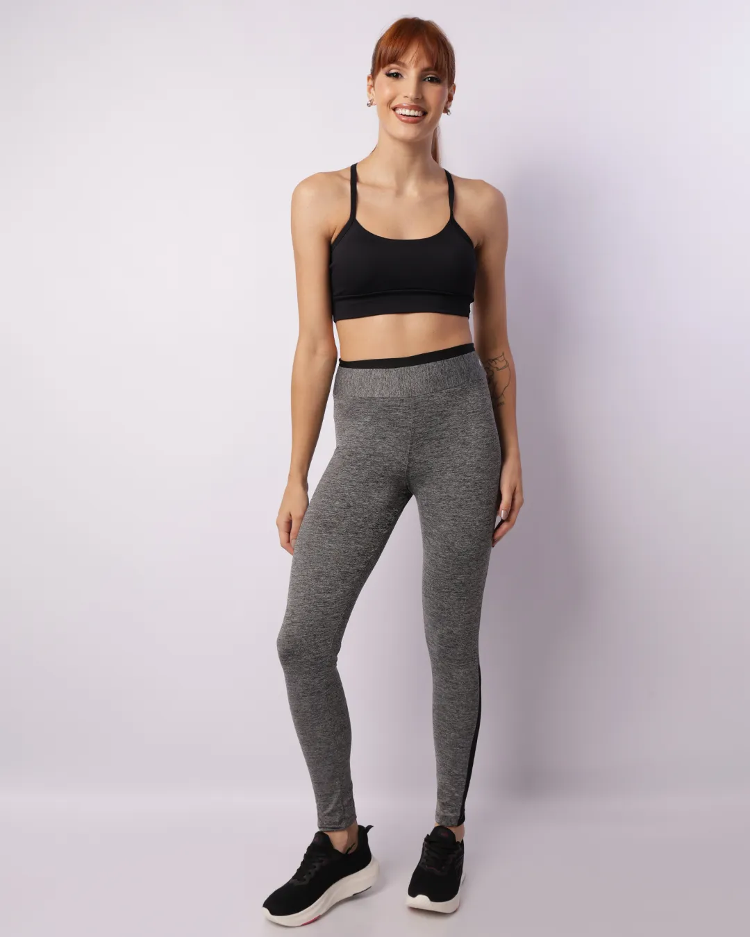 Calça Legging Fitness Feminina Recorte Com Tule Cinza