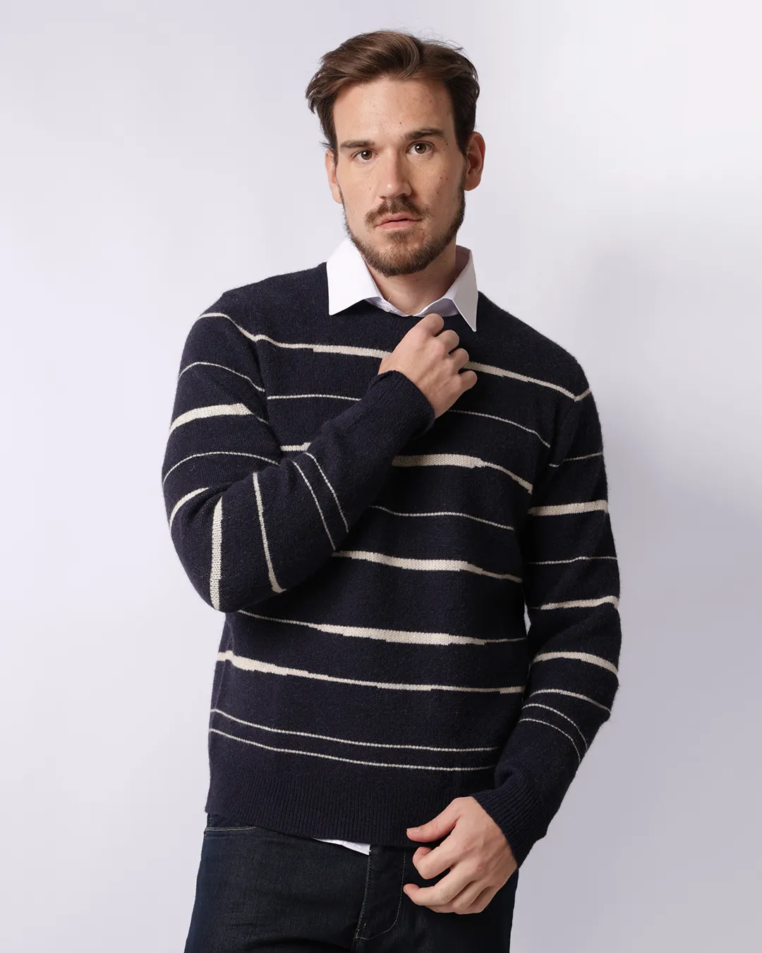 Suéter Masculino Tricô Jacquard Listrado Marinho