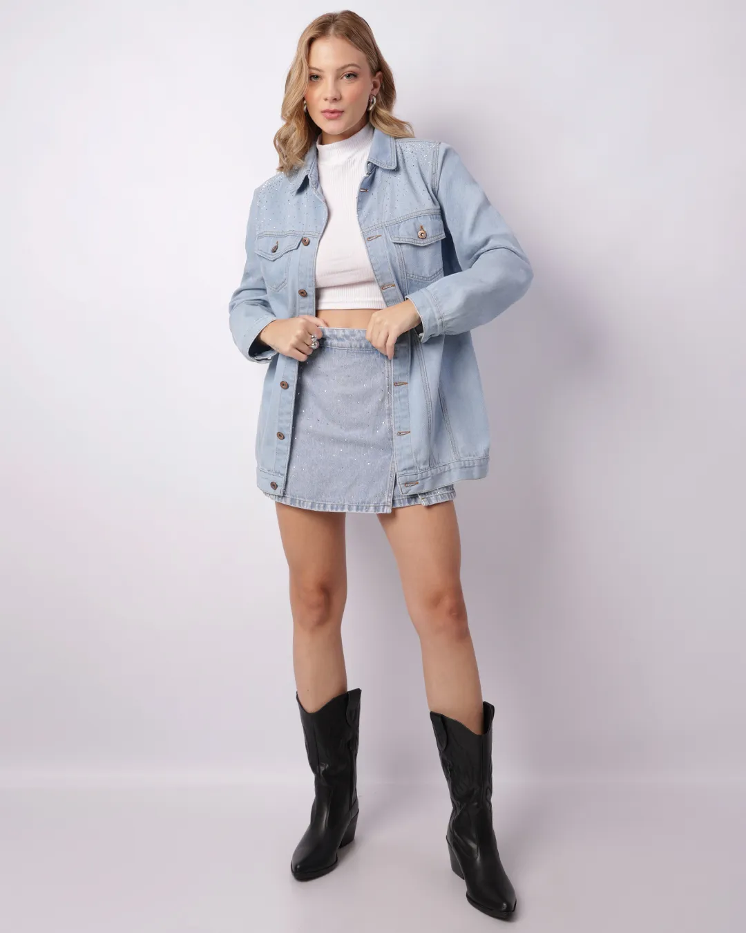 Short Saia Jeans Feminino Curto Strass Com Fenda Azul