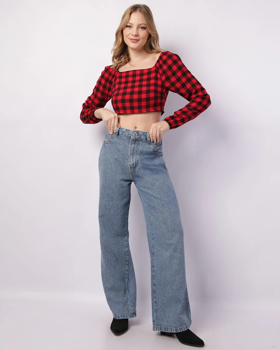 Calça Jeans Feminina Wide Leg Com Aplicação Strass Azul