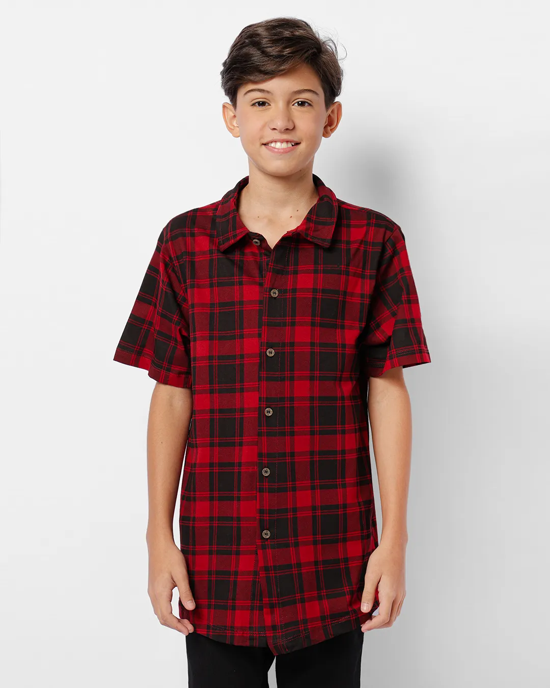 Camisa Juvenil Estampada Xadrez Manga Curta Vermelho