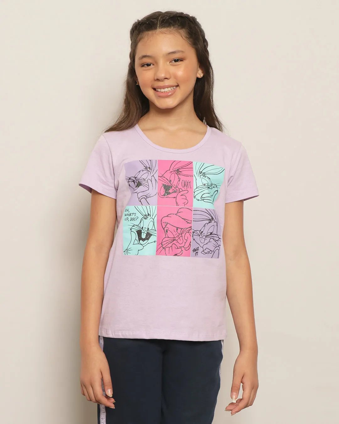 Camiseta Juvenil Looney Tunes Pernalonga Manga Curta Lilás